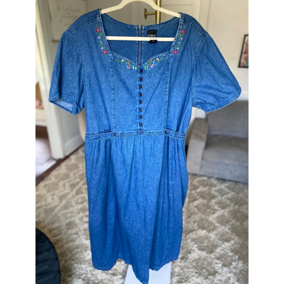 Vintage Erika Denim Maxi Dress Floral Embroidery Cottagecore V Neck Prairie Boho - Picture 2 of 13